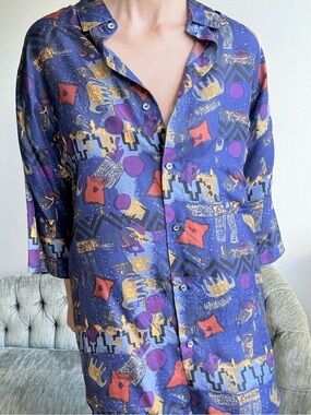 100% Silk Short Sleeve Button Down Shirt Tribal Abstract Art Print XL Antana